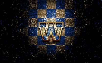 Winnipeg Blue Bombers, logo glitter, CFL, sfondo a scacchi marrone blu, calcio, squadra di calcio canadese, logo Winnipeg Blue Bombers, arte del mosaico, football canadese