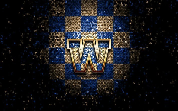 Winnipeg Blue Bombers, glitterlogotyp, CFL, bl&#229;brun rutig bakgrund, fotboll, kanadensiskt fotbollslag, Winnipeg Blue Bombers-logotyp, mosaikkonst, kanadensisk fotboll