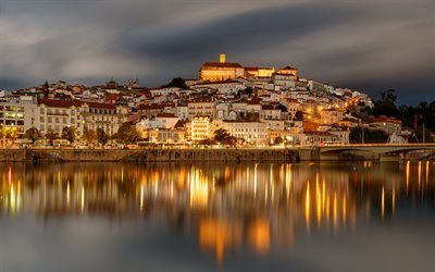 Coimbra, Mondego-joki, ilta, auringonlasku, kaunis kaupunki, Coimbran kaupunkikuvan, Coimbran siluetti, Portugali