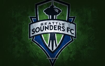 Seattle Sounders FC, amerikkalainen jalkapallojoukkue, vihre&#228; kivitausta, Seattle Sounders FC-logo, grunge art, MLS, jalkapallo, USA, Seattle Sounders FC -tunnus