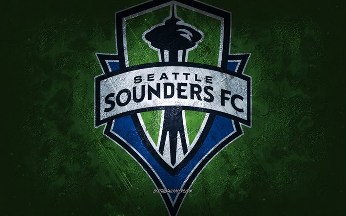 Seattle Sounders FC, &#233;quipe de football am&#233;ricaine, fond de pierre verte, logo de Seattle Sounders FC, art grunge, MLS, football, USA, embl&#232;me de Seattle Sounders FC