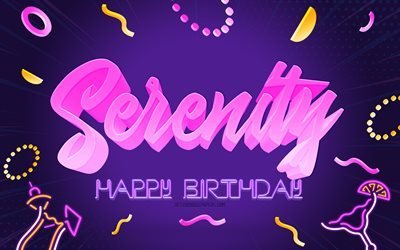 お誕生日おめでとうセレニティ, 4k, 紫の静けさの背景, セレニティ, クリエイティブアート, セレニティお誕生日おめでとう, セレニティネーム, セレニティバースデー, 誕生日パーティーの背景