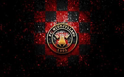 Midtjylland FC, parlak logo, Danimarka Superliga, kırmızı siyah damalı arka plan, futbol, danimarka futbol kul&#252;b&#252;, Midtjylland logosu, mozaik sanatı, FC Midtjylland
