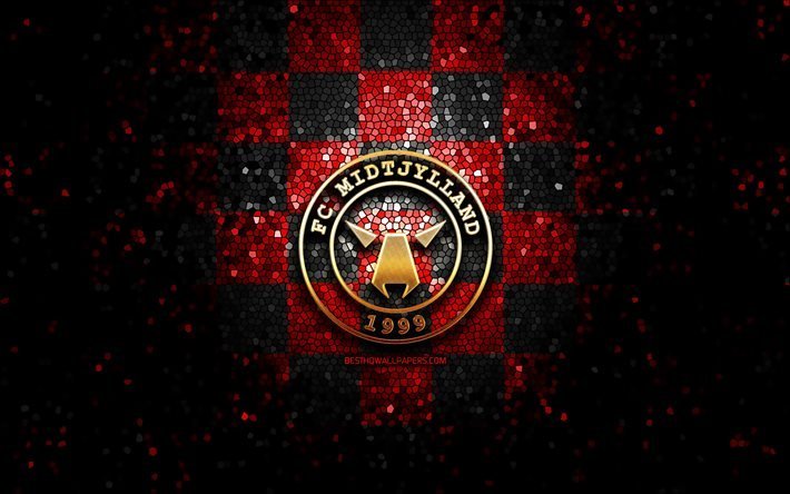 Midtjylland FC, kimalluslogo, tanskalainen Superliga, punainen musta ruudullinen tausta, jalkapallo, tanskalainen jalkapalloseura, Midtjylland-logo, mosaiikkitaide, FC Midtjylland
