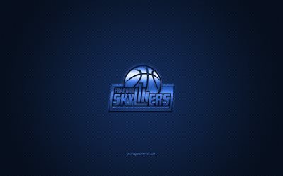 スカイライナーズフランクフルト, ドイツのバスケットボールチーム, バレル, 青いロゴ, 青い炭素繊維の背景, バスケットボールブンデスリーガ, バスケットボール, フランクフルト, ドイツ, スカイライナーズフランクフルトのロゴ
