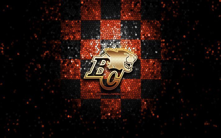 BC Lions, glitter-logo, CFL, oranssi musta ruutuinen tausta, jalkapallo, kanadalainen jalkapallojoukkue, BC Lions-logo, mosaiikkitaide, kanadalainen jalkapallo
