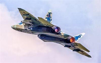 Flying Su-57, vista posteriore, PAK FA, jet da combattimento russo, Su-57, Russian Air Force, Sukhoi Su-57, caccia da superiorit&#224; aerea Stealth, Russia
