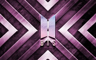 BTS metal logosu, 4K, Bangtan Boys, pembe metal arka plan, m&#252;zik yıldızları, metal oklar, BTS logosu, yaratıcı, Bangtan Boys logosu, BTS