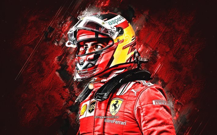 Carlos Sainz, Scuderia Ferrari, pilote de course espagnol, Formule 1, portrait, fond de pierre rouge, Ferrari, coureurs de F1