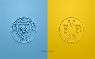 Manchester City vs Borussia Dortmund, UEFA Champions League, quarterfinals, 3D logos, blue yellow background, Champions League, football match, Borussia Dortmund, Manchester City FC