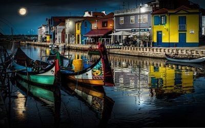 Aveiro, 4k, pier, boats, portuguese cities, nightscapes, Portugal, Europe