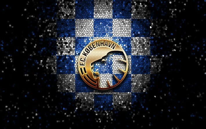 Copenhague FC, paillettes logo, Superliga, bleu et blanc &#224; carreaux de fond, soccer, danois, club de football, FC Copenhagenlogo, l&#39;art de la mosa&#239;que, le football, le FC Copenhague