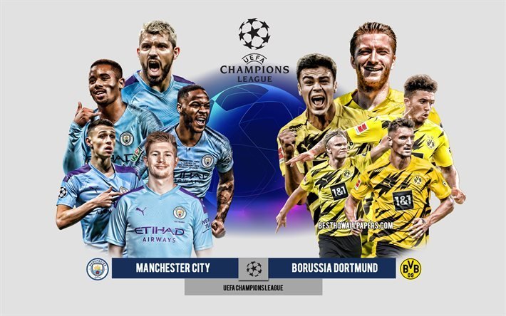 Manchester City vs Borussia Dortmund, quarti di finale, UEFA Champions League, Anteprima, materiale promozionale, calciatori, Champions League, partita di calcio, Borussia Dortmund, Manchester City FC