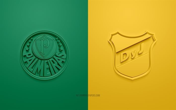 Palmeiras x Defensa y Justicia, Recopa Sudamericana, Final, logotipos 3D, fundo verde amarelo, partida de futebol, Defensa y Justicia, SE Palmeiras