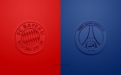 FC Bayern Munich vs PSG, UEFA Champions League, quarterfinals, 3D logos, blue red background, Champions League, football match, FC Bayern Munich, Paris Saint-Germain, Bayern Munich vs Paris Saint-Germain