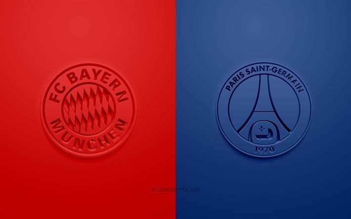FC Bayern Munich vs PSG, UEFA Champions League, quarterfinals, 3D logos, blue red background, Champions League, football match, FC Bayern Munich, Paris Saint-Germain, Bayern Munich vs Paris Saint-Germain