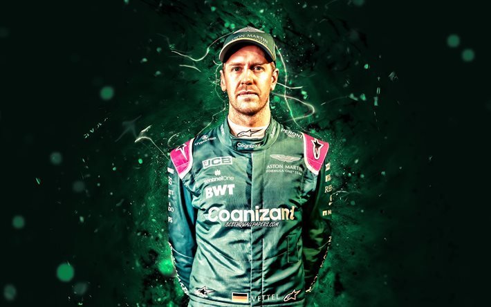 4k, Sebastian Vettel, yeşil neon ışıklar, 2021, Aston Martin F1 Takımı, alman yarış pilotları, Formula 1, yakın &#231;ekim, F1 2021, Sebastian Vettel Aston Martin, Sebastian Vettel 4K