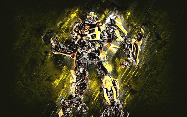 Bumblebee, Transformers, Autobot, Bumblebee Transformer, fundo de pedra amarela, arte grunge, Bumblebee Autobot, personagens Transformers, personagem Bumblebee, Chevy Camaro Transformer