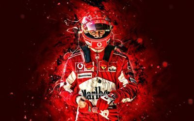 Michael Schumacher, 4k, red neon lights, Formula 1 legends, german racing drivers, F1, The Red Baron, Scuderia Ferrari, Michael Schumacher Ferrari, Michael Schumacher 4K