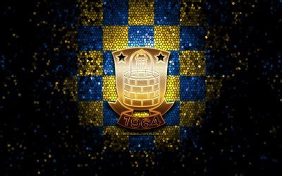Brondby FC, logo de paillettes, Superliga danoise, fond damier bleu jaune, football, club de football danois, logo Brondby, art de la mosa&#239;que, Brondby IF