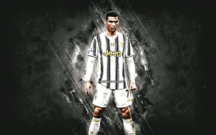 Cristiano Ronaldo, CR7, porträtt, portugisisk fotbollsspelare, Juventus FC, världsfotbollsstjärna, grå stenbakgrund, fotboll
