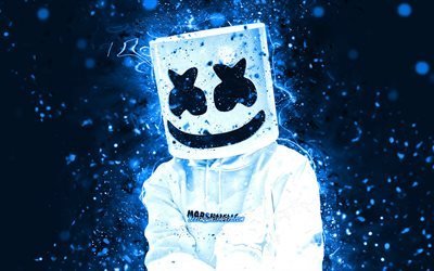 DJ Marshmello, blue neon lights, 4k, Christopher Comstock, american DJ, superstars, Marshmello 4K, blue abstract backgrounds, music stars, Marshmello, DJs