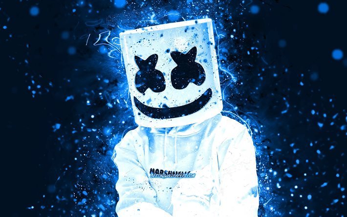 DJ Marshmello, siniset neonvalot, 4k, Christopher Comstock, amerikkalainen DJ, supert&#228;hdet, Marshmello 4K, siniset abstraktit taustat, musiikkit&#228;hdet, Marshmello, DJ