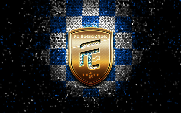 fc edmonton, parıltılı logo, kanada premier ligi, mavi beyaz beyaz arka plan, futbol, ​​kanada futbol kul&#252;b&#252;, fc edmonton logo, mozaik sanatı, edmonton fc