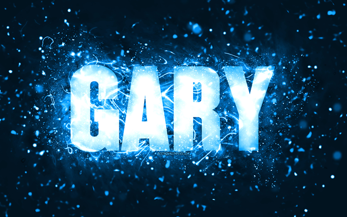 feliz anivers&#225;rio gary, 4k, luzes de neon azuis, gary nome, criativo, gary feliz anivers&#225;rio, gary anivers&#225;rio, nomes masculinos americanos populares, imagem com nome gary, gary