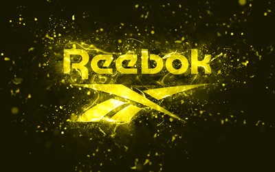 Reebok yellow logo, 4k, yellow neon lights, creative, yellow abstract background, Reebok logo, brands, Reebok