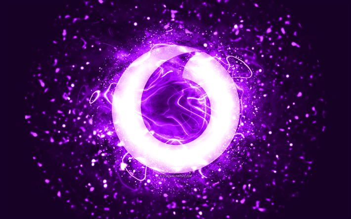 vodafone violetti logo, 4k, violetti neon valot, luova, violetti abstrakti tausta, vodafone logo, tuotemerkit, vodafone