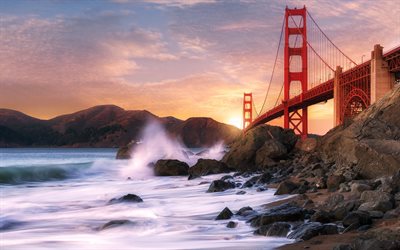 Golden Gate Bridge, evening, sunset, suspension bridge, San Francisco Bay, Golden Gate, San Francisco, USA