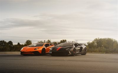 Lamborghini Aventador SuperVeloce, front view, exterior, orange Aventador, black Aventador, Italian supercars, Lamborghini