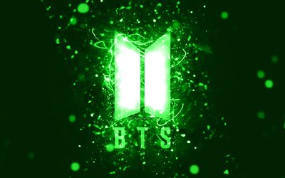 شعار bts الأخضر, 4k, أضواء النيون الخضراء, خلاق, أخضر، جرد، الخلفية, بانقتان بويز, شعار bts, نجوم الموسيقى, bts, شعار bangtan boys