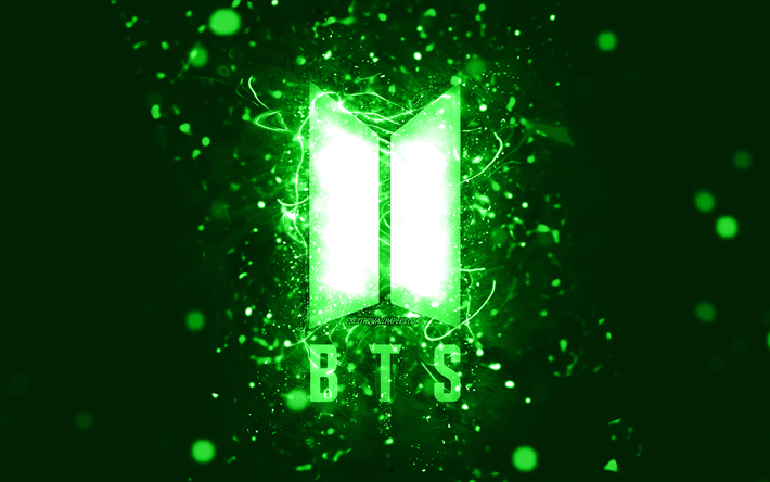 logotipo verde de bts, 4k, luces de ne&#243;n verdes, creativo, fondo abstracto verde, bangtan boys, logotipo de bts, estrellas de la m&#250;sica, bts, logotipo de bangtan boys