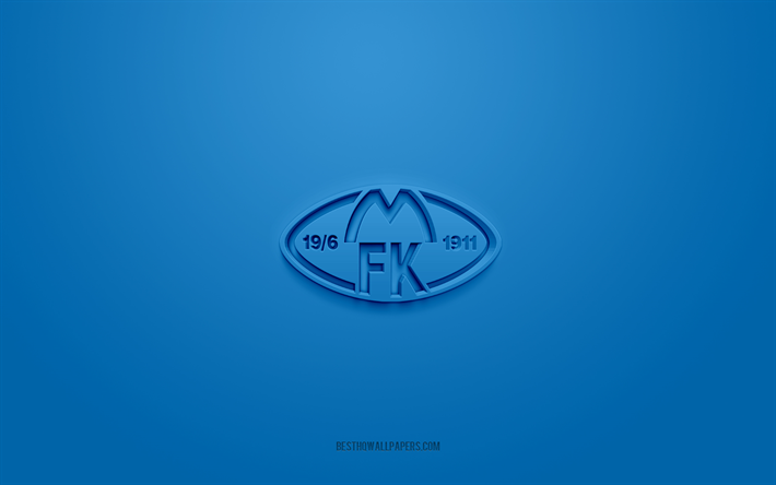 molde fk, logo 3d creativo, sfondo blu, eliteserien, emblema 3d, club di calcio norvegese, norvegia, arte 3d, calcio, logo 3d molde fk