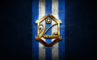 varazdin fc, logotipo dourado, hnl, metal azul de fundo, futebol, croata clube de futebol, nk varazdin logotipo, nk varazdin