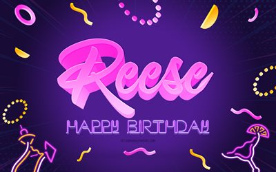 お誕生日おめでとうリース, 4k, 紫のパーティーの背景, リース, クリエイティブアート, リースの誕生日おめでとう, リース名, リースの誕生日, 誕生日パーティーの背景