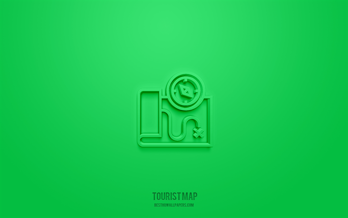 tourist map 3d icon, green background, 3d symbols, tourist map, travel icons, 3d icons, tourist map sign, travel 3d icons