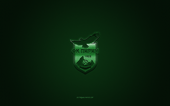 OFC Pirin Blagoevgrad, Bulgarian football club, green logo, green carbon fiber background, Bulgarian First League, Parva liga, football, Pirin, Bulgaria, OFC Pirin Blagoevgrad logo