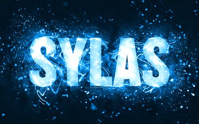 buon compleanno sylas, 4k, luci al neon blu, nome sylas, creativo, compleanno sylas, nomi maschili americani popolari, foto con nome sylas, sylas
