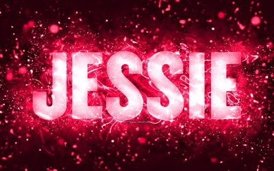 feliz anivers&#225;rio jessie, 4k, rosa luzes de neon, jessie nome, criativo, jessie feliz anivers&#225;rio, jessie anivers&#225;rio, nomes femininos americanos populares, imagem com nome de jessie, jessie