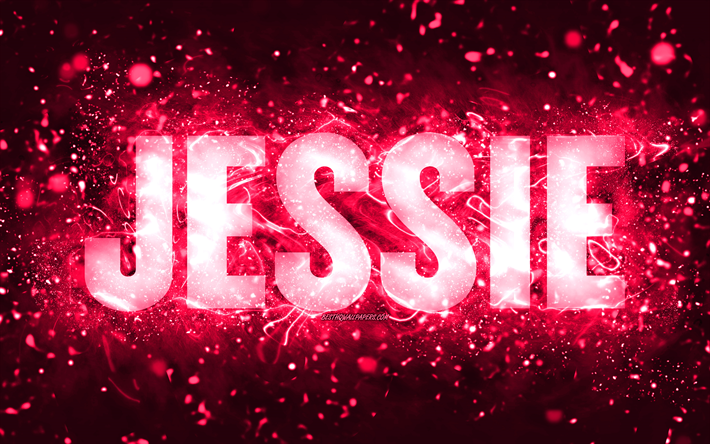 feliz cumplea&#241;os jessie, 4k, luces de ne&#243;n rosas, nombre de jessie, creativo, feliz cumplea&#241;os de jessie, cumplea&#241;os de jessie, nombres femeninos americanos populares, imagen con el nombre de jessie, jessie
