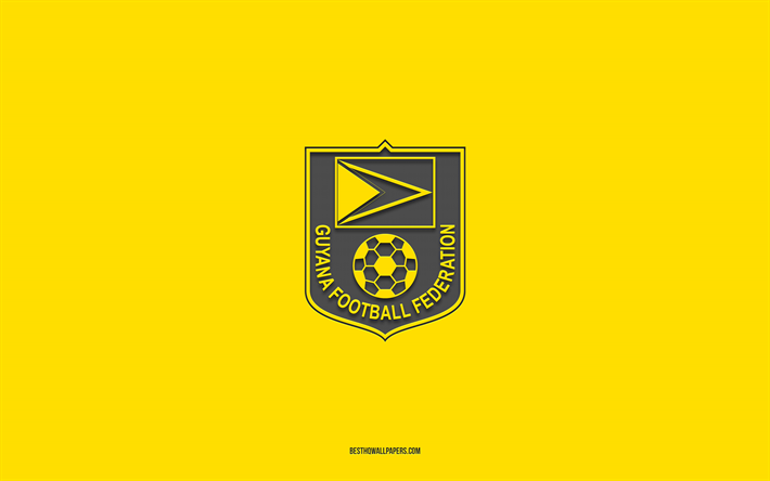 guyanas fotbollslandslag, gul bakgrund, fotbollslag, emblem, concacaf, guyana, fotboll, guyanas fotbollslandslags logotyp, nordamerika