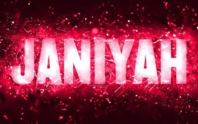 feliz cumplea&#241;os janiyah, 4k, luces de ne&#243;n de color rosa, nombre janiyah, creativo, cumplea&#241;os de janiyah, nombres femeninos americanos populares, imagen con el nombre de janiyah, janiyah