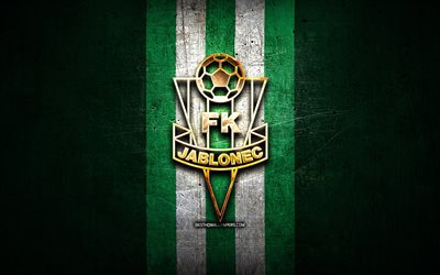jablonec fc, logo dorato, czech first league, sfondo di metallo verde, calcio, squadra di calcio ceca, logo jablonec fc, fk jablonec