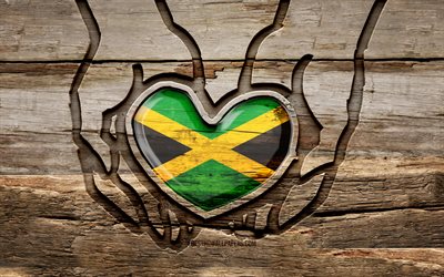 I love Jamaica, 4K, wooden carving hands, Day of Jamaica, Jamaican flag, Flag of Jamaica, Take care Jamaica, creative, Jamaica flag, Jamaica flag in hand, wood carving, North American countries, Jamaica