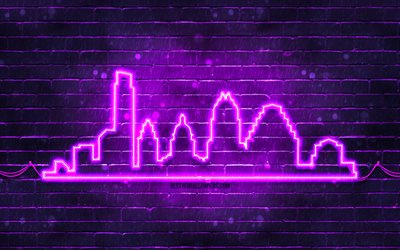 Austin violet neon silhouette, 4k, violet neon lights, violet skyline silhouette, violet brickwall, american cities, neon skyline silhouettes, USA, Austin silhouette, Austin