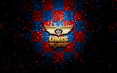 UNIS Flyers, glitter logo, BeNe League, red blue checkered background, hockey, dutch hockey team, UNIS Flyers logo, mosaic art