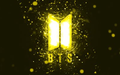 bts sarı logosu, 4k, sarı neon ışıkları, yaratıcı, sarı soyut arka plan, bangtan boys, bts logosu, m&#252;zik yıldızları, bts, bangtan boys logosu